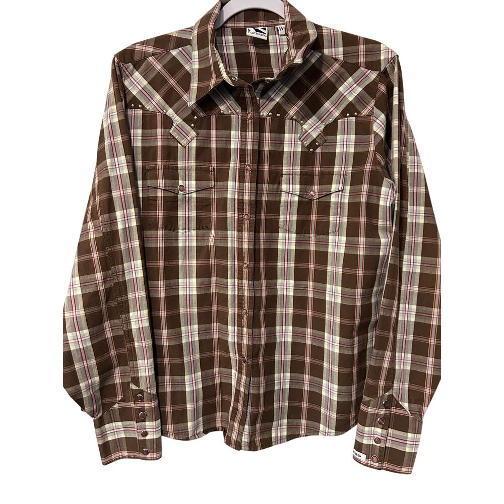 Y2K Rockies Western Shirt Retro Cowgirl Womens XL Brown Plaid Studded Pearl Snap